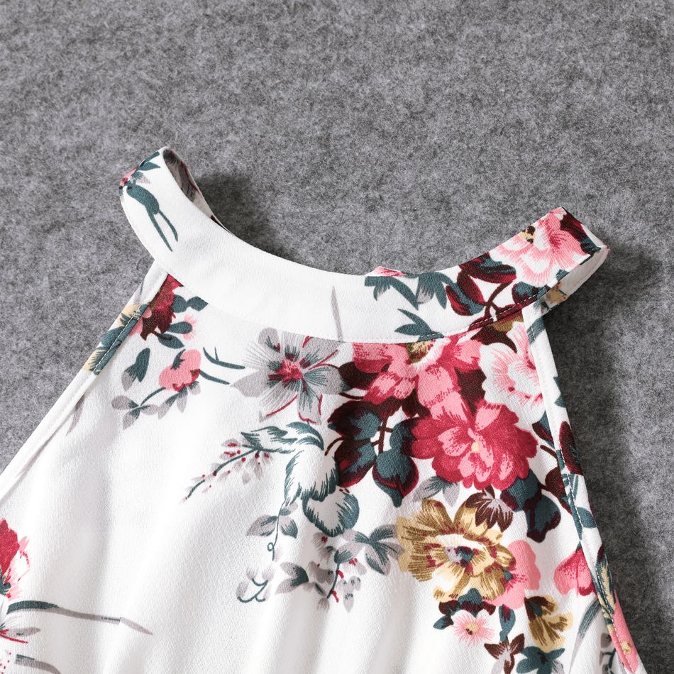 All Over Floral Print White Halter Neck Off Shoulder Belted Romper Shorts for Mom and Me White big image 3