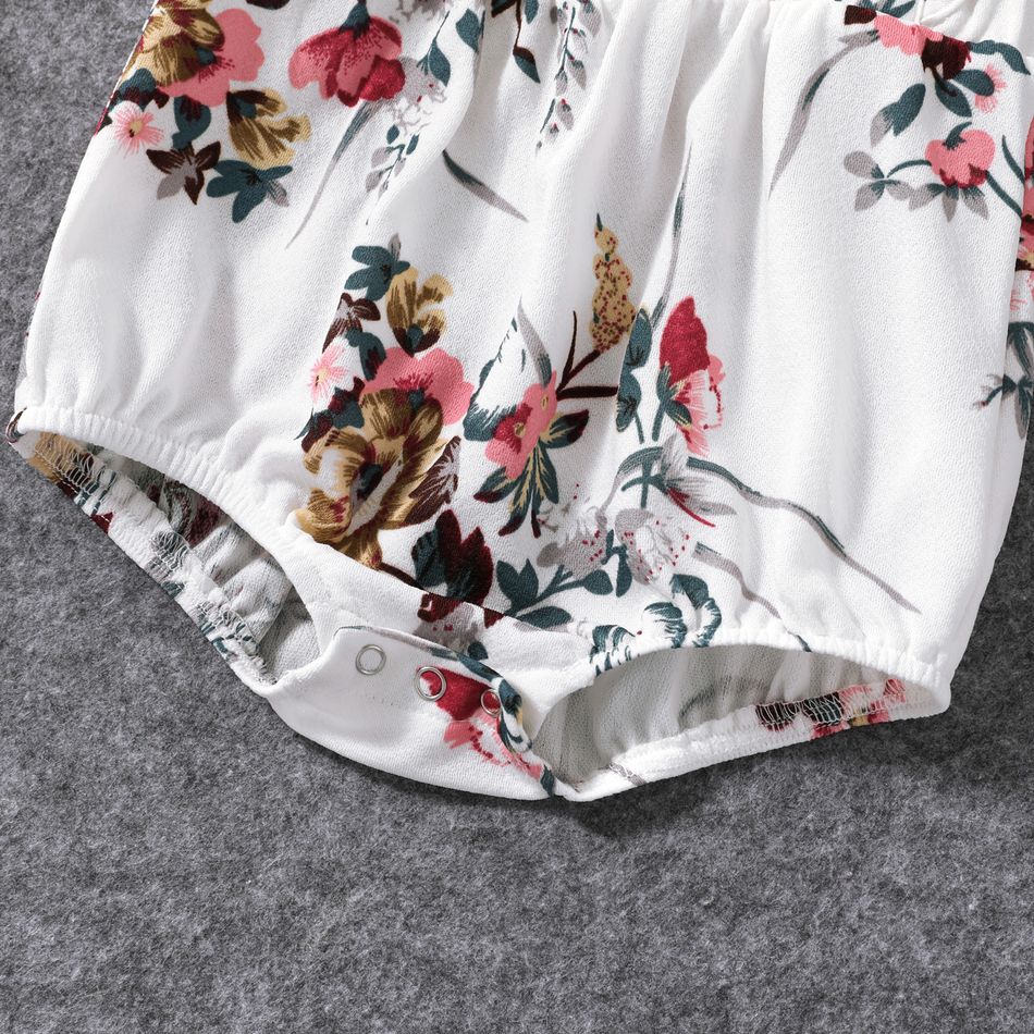 All Over Floral Print White Halter Neck Off Shoulder Belted Romper Shorts for Mom and Me White