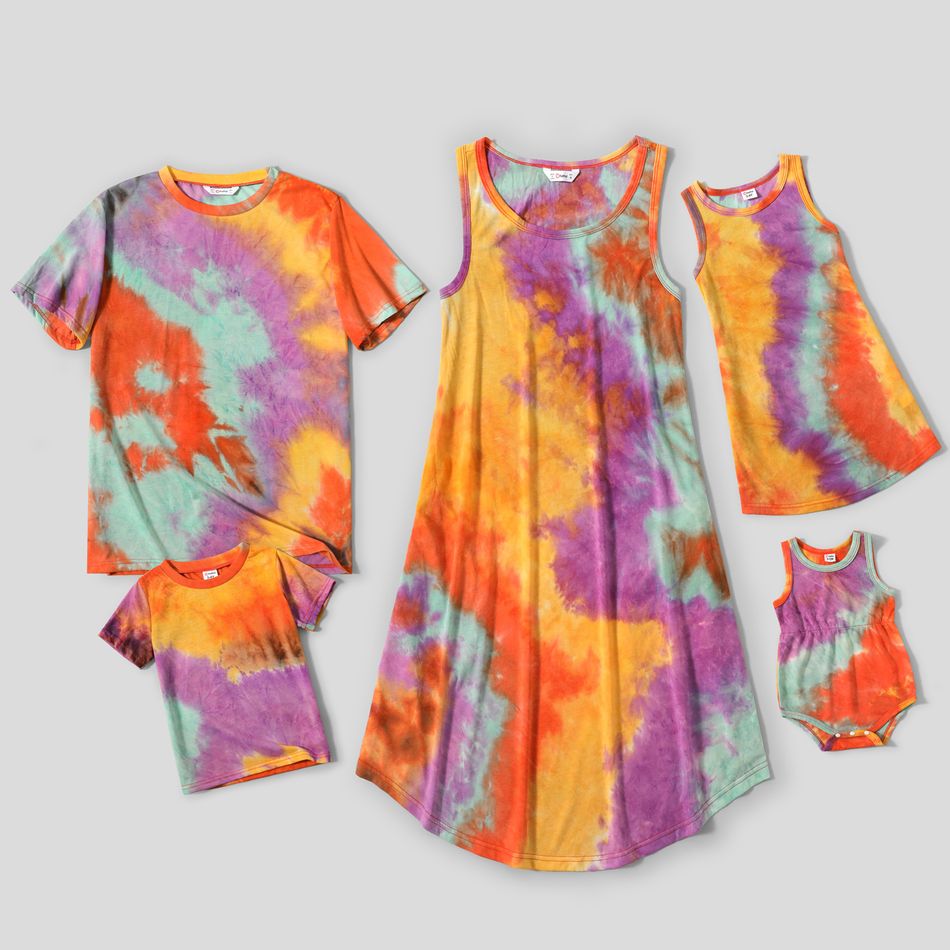 Family Matching Tie Dye Sleeveless Tank Dresses and Short-sleeve T-shirts Sets Colorful