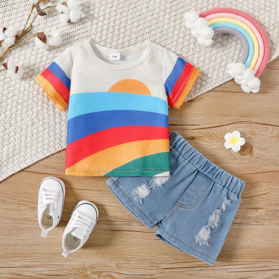 2pcs Baby Boy/Girl Rainbow Print Short-sleeve T-shirt and Ripped Denim Shorts Set Beige