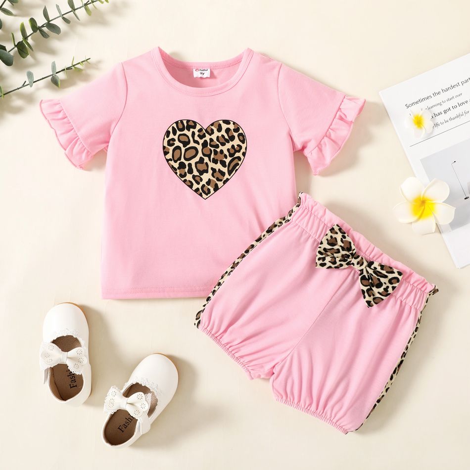 2-piece Toddler Girl Leopard Heart Print Ruffled Tee and Bowknot Design Shorts Set Pink