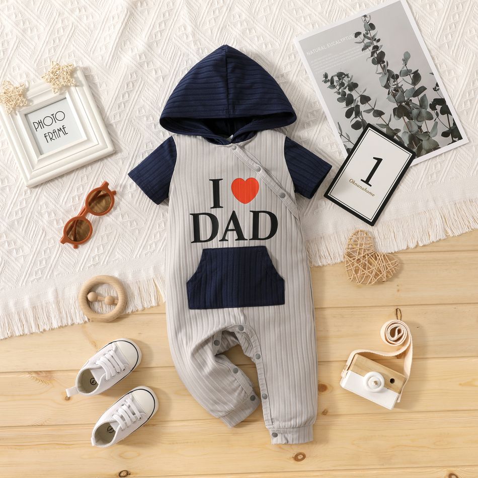 Baby Boy/Girl Love Heart and Letter Print Colorblock Ribbed Short-sleeve Hooded Jumpsuit Grey