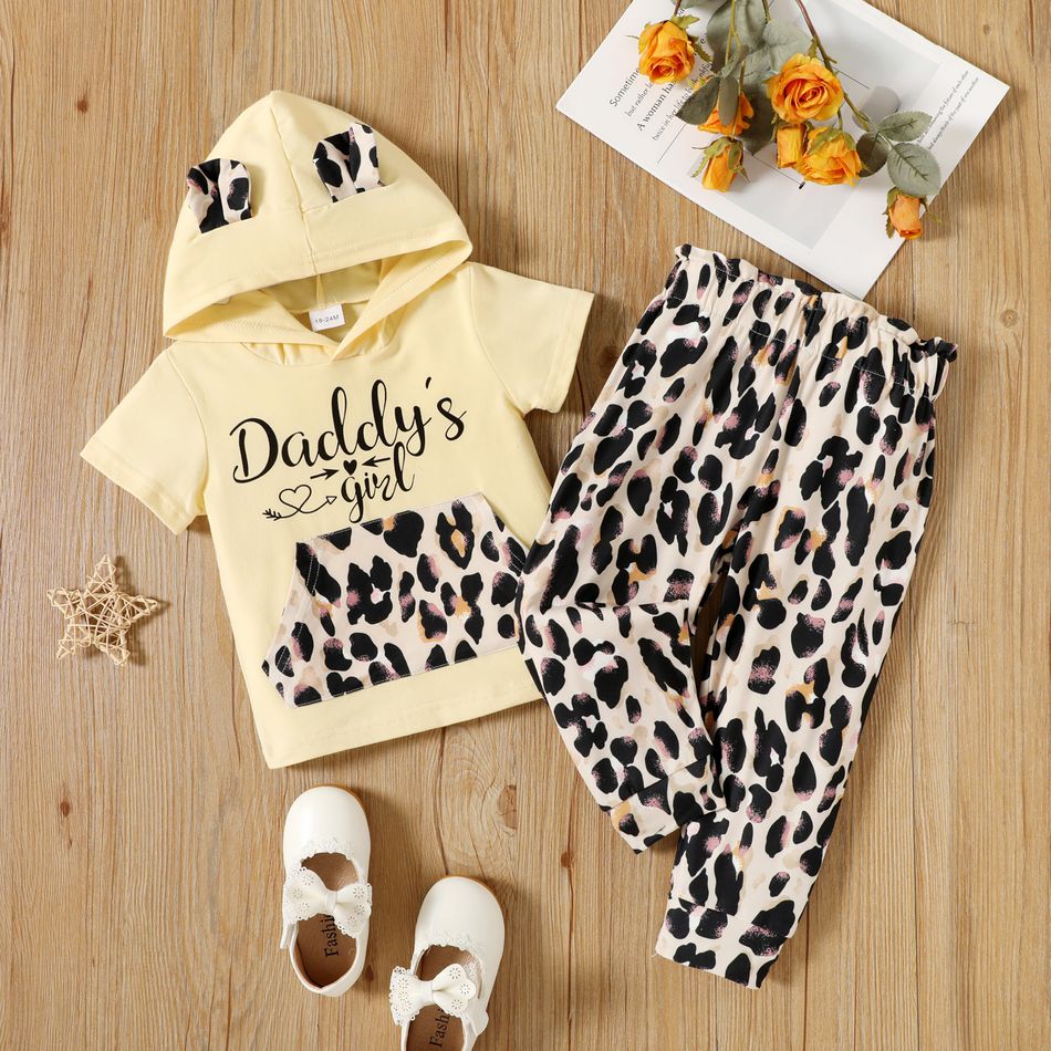 2-piece Toddler Girl Letter Leopard Print Ear Design Hooded Tee and Paperbag Pants Set Multi-color