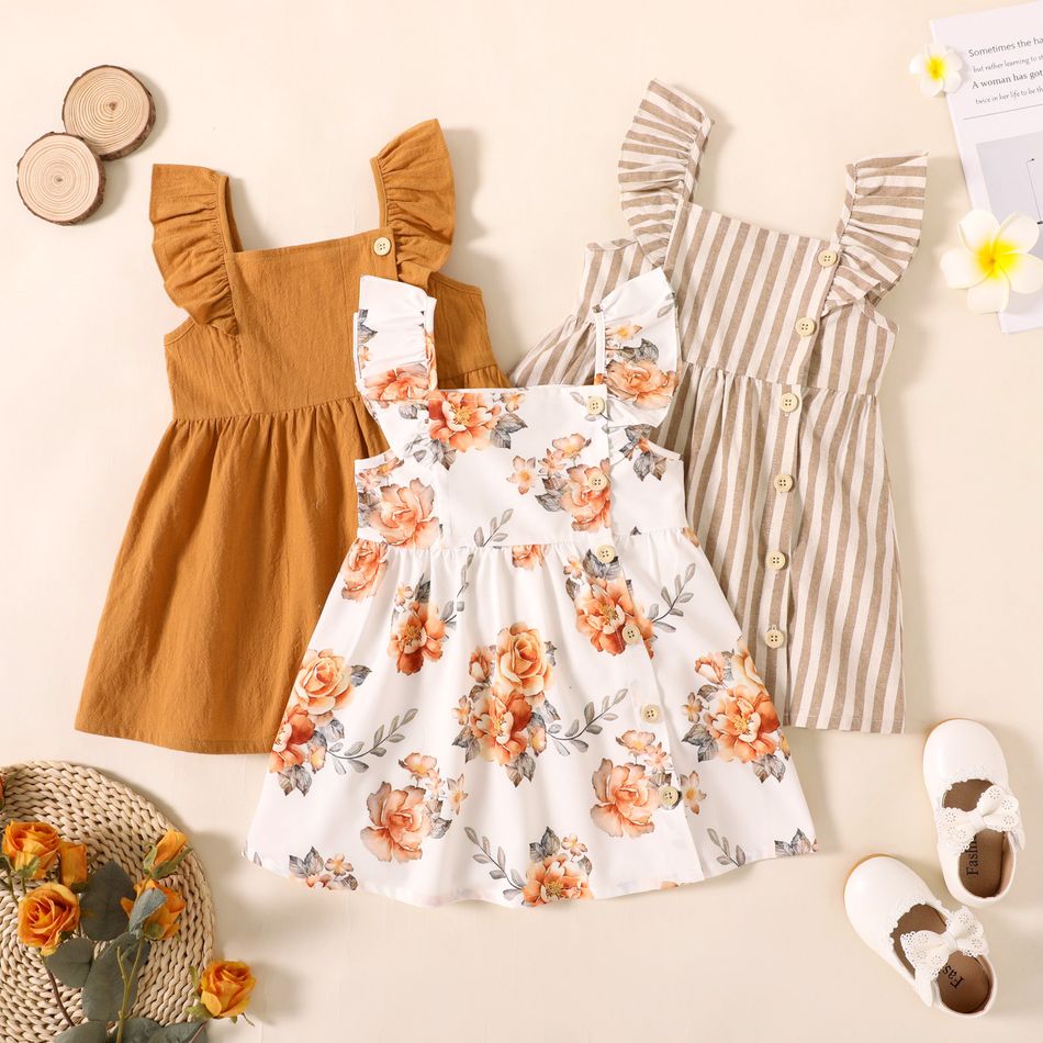 Toddler Girl Button Design Solid Color/Floral Print/Stripe Ruffled Strap Dress White big image 2