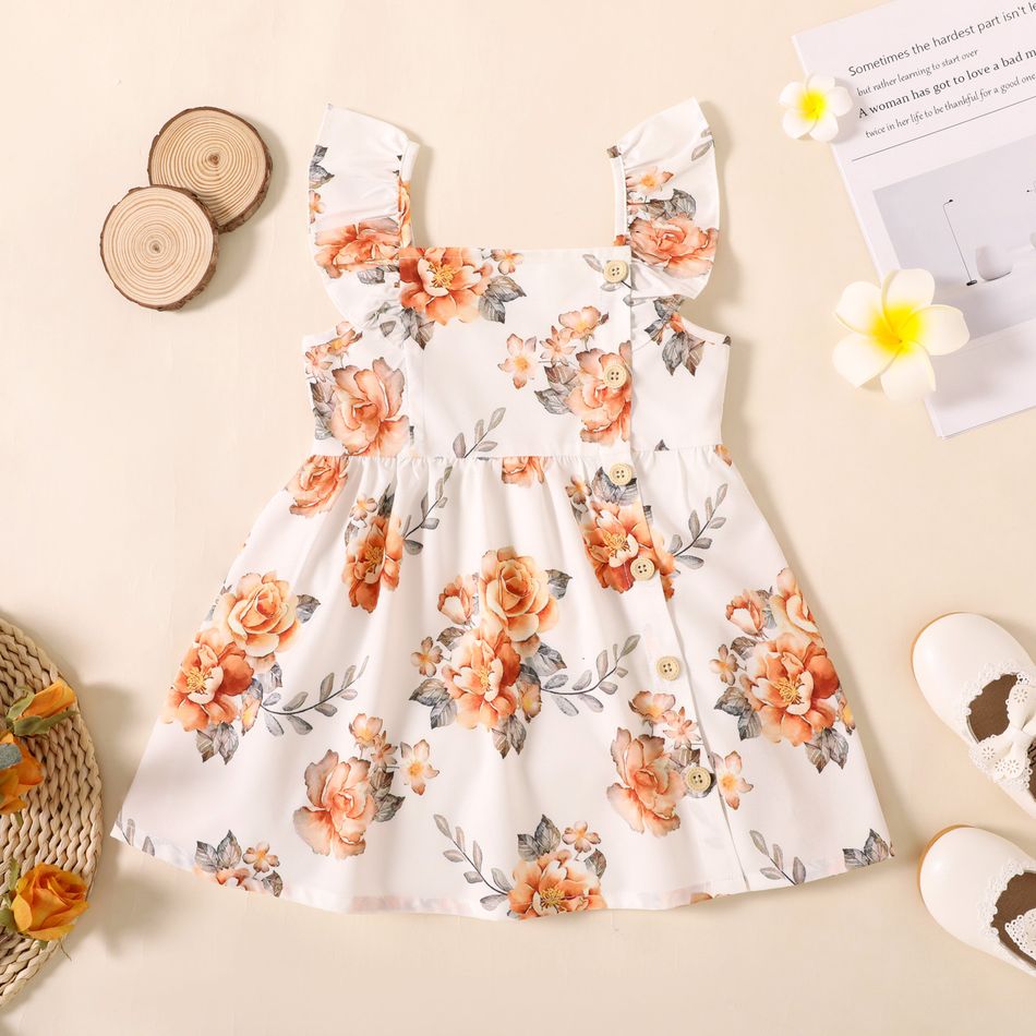 تصميم زر فتاة صغيرة بلون / طباعة الأزهار / فستان بحزام مكشكش أبيض
