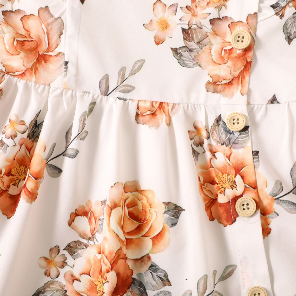 Toddler Girl Button Design Solid Color/Floral Print/Stripe Ruffled Strap Dress White big image 5