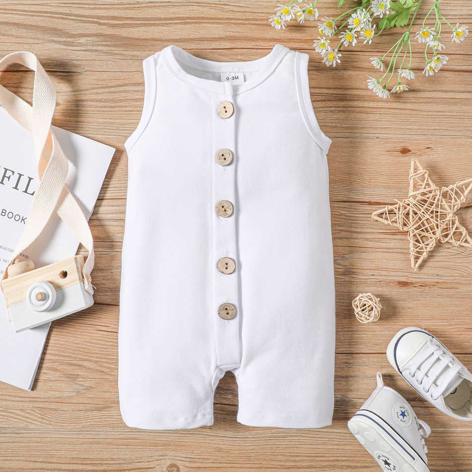Baby Boy Solid Button Up Sleeveless Romper White