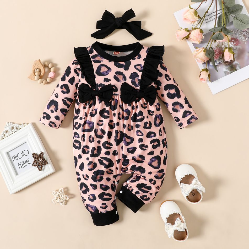 2pcs Floral or Leopard Allover Ruffle and Bow Decor Long-sleeve Baby Jumpsuit with Headband Set Pink