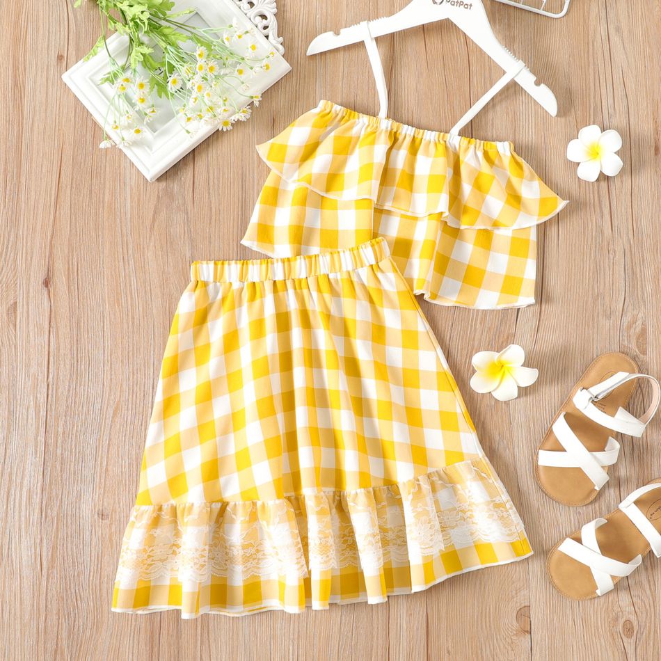 2-piece Kid Girl Plaid Flounce Camisole and Lace Design Elasticized Skirt Set Yellow