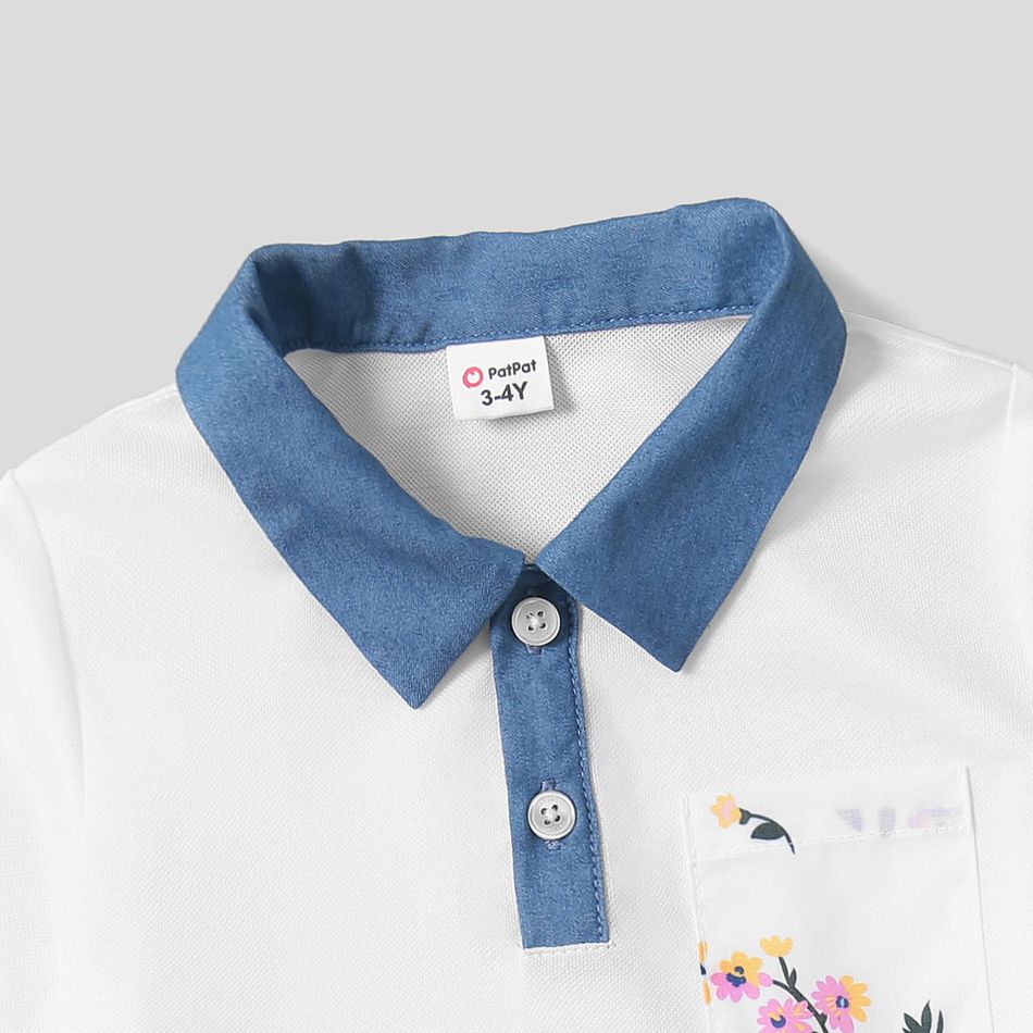Family Matching Imitation Denim Spaghetti Strap Splicing Floral Print Dresses and Short-sleeve Polo Shirts Sets DENIMBLUE