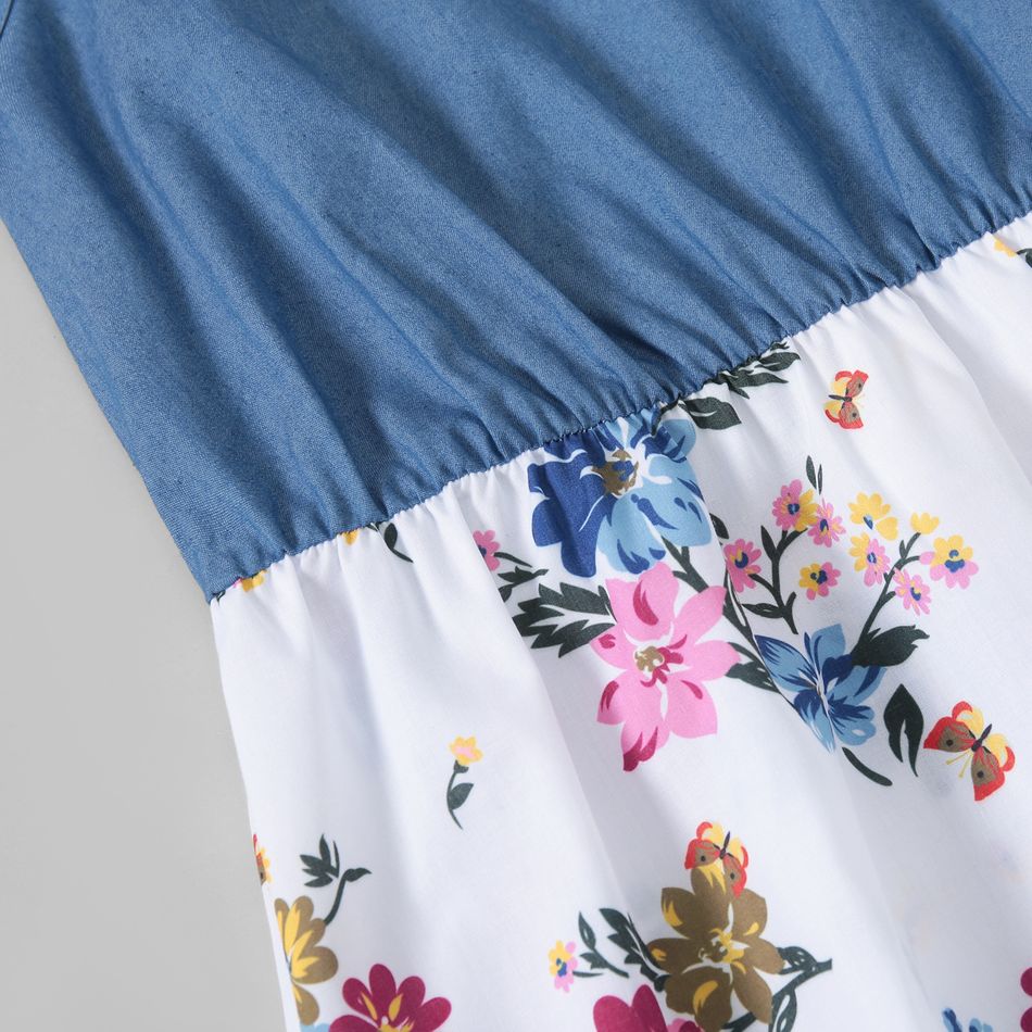 Family Matching Imitation Denim Spaghetti Strap Splicing Floral Print Dresses and Short-sleeve Polo Shirts Sets DENIMBLUE big image 4
