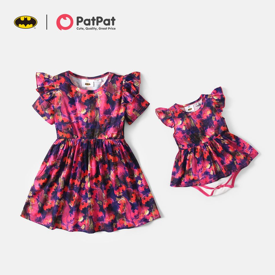 Batman Sibling Matching Allover Print Ruffle Short-sleeve Dresses Deep Magenta