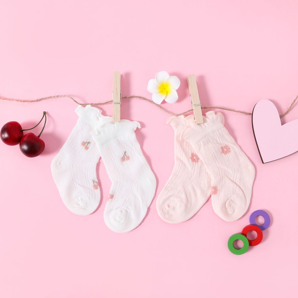 Baby / Toddler Cherry Floral Graphic Lettuce Trim Mesh Socks White big image 4