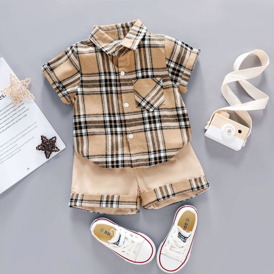 2pcs Toddler Boy Casual Plaid 100% Cotton Shirt & Splice Shorts Set Yellow