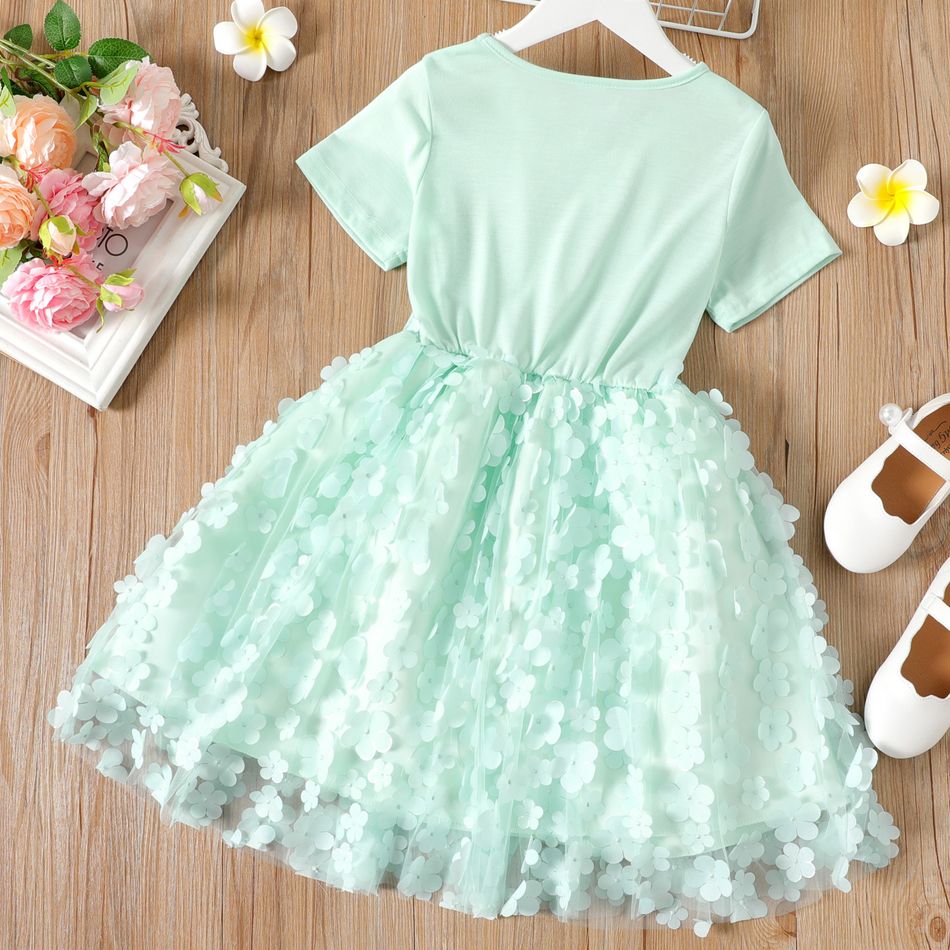 Kid Girl 3D Floral Decor Mesh Splice Solid Color Short-sleeve Dress Green