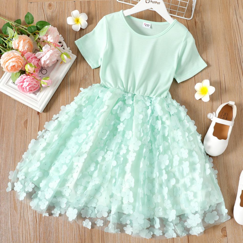Kid Girl 3D Floral Decor Mesh Splice Solid Color Short-sleeve Dress Green big image 1