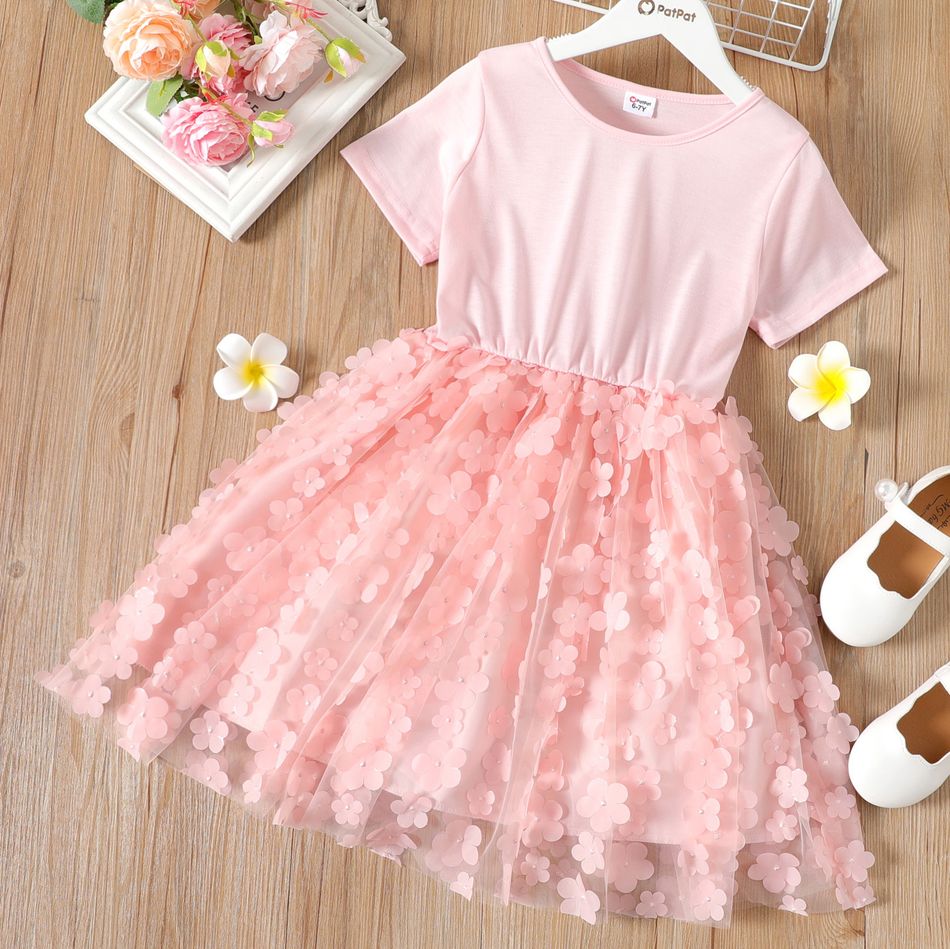 Kid Girl 3D Floral Decor Mesh Splice Solid Color Short-sleeve Dress Pink