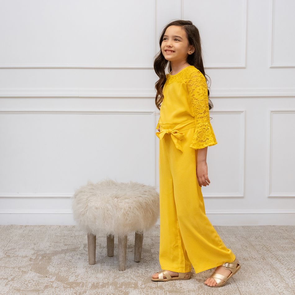 Kid Girl Flower Embroidery Lace Hollow out Bell sleeves (Multi Color Available) Jumpsuits with Belt Yellow big image 8