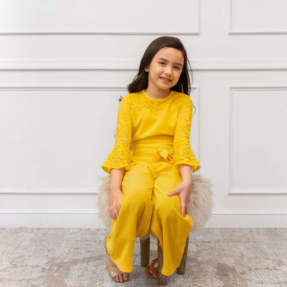 طفل فتاة زهرة التطريز الدانتيل الجوف خارج الأكمام الجرس (متعدد الألوان المتاحة) حللا مع حزام الأصفر big image 9