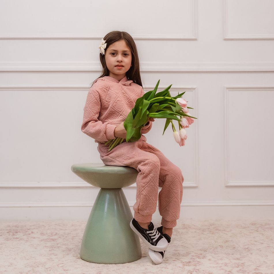 2-piece Toddler Girl Floral Pattern Textured Ear Design Hoodie Sweatshirt and Pants Set Pink big image 7