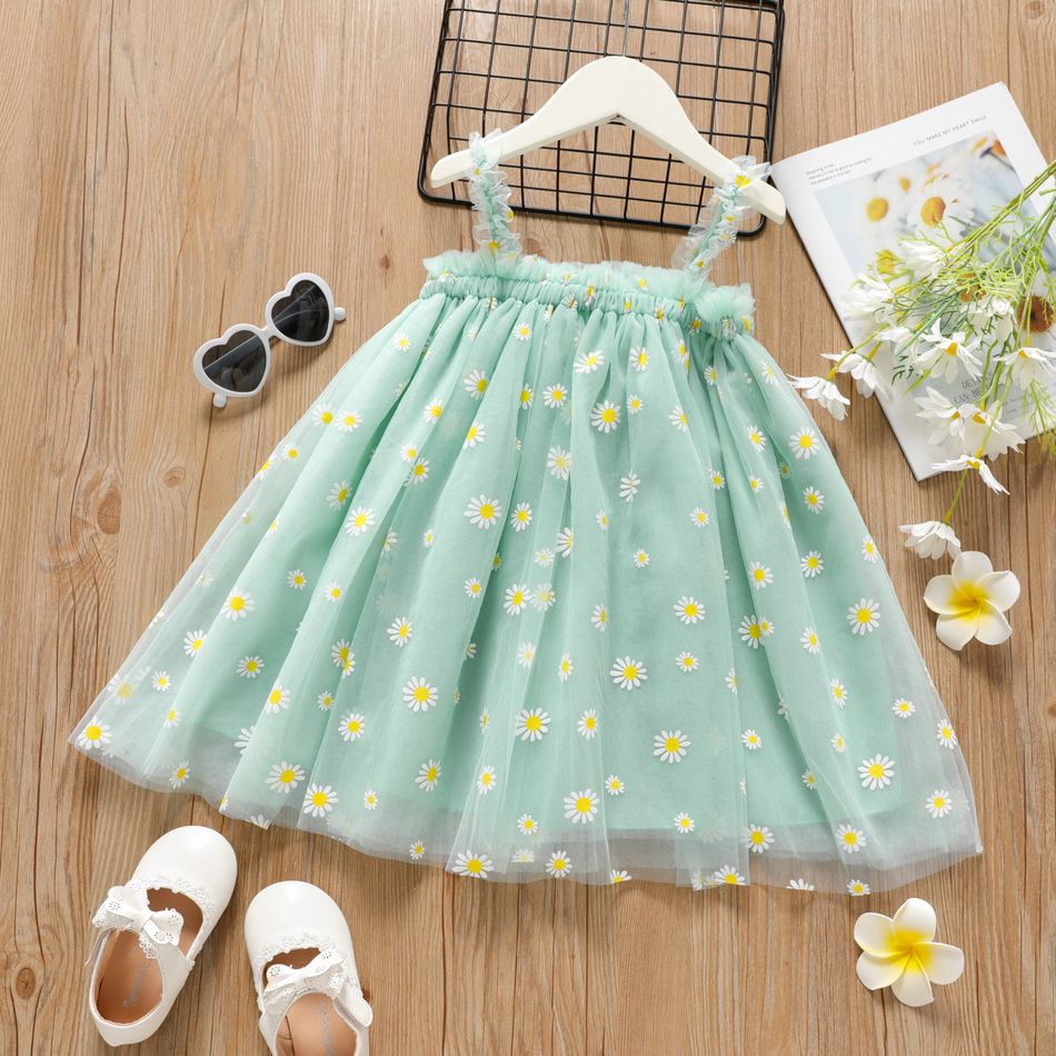 Toddler Girl Floral Daisy Embroidered Mesh Design Cami Dress Light Blue