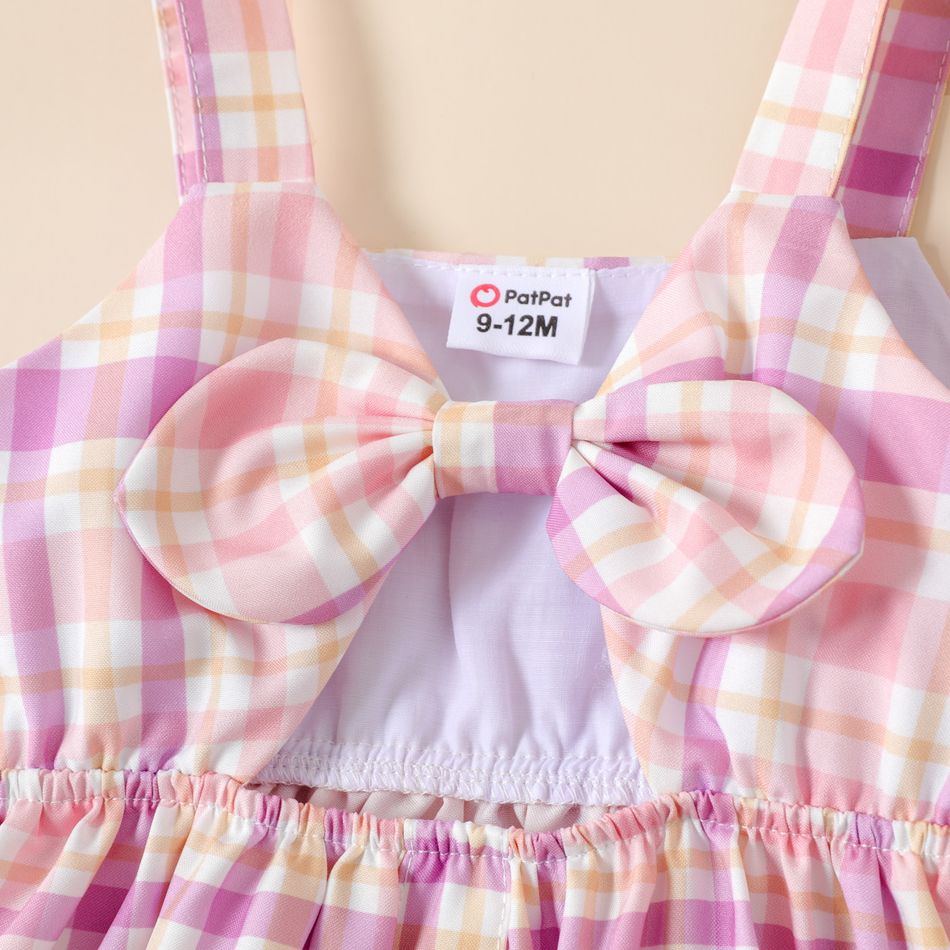 Baby Girl Button Design Bowknot Hollow out Sleeveless Plaid Dress Pink big image 5