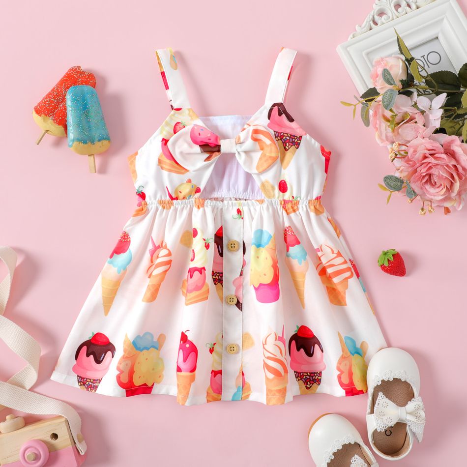 Baby Girl Allover Ice Cream Cone Print/Solid Textured Sleeveless Bowknot Hollow Out Dress Color block