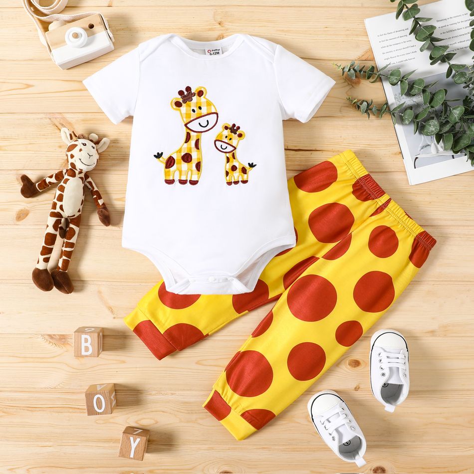 2pcs Baby Boy/Girl Cartoon Giraffe Embroidered Short-sleeve Romper and Polka Dots Pants Set Color block