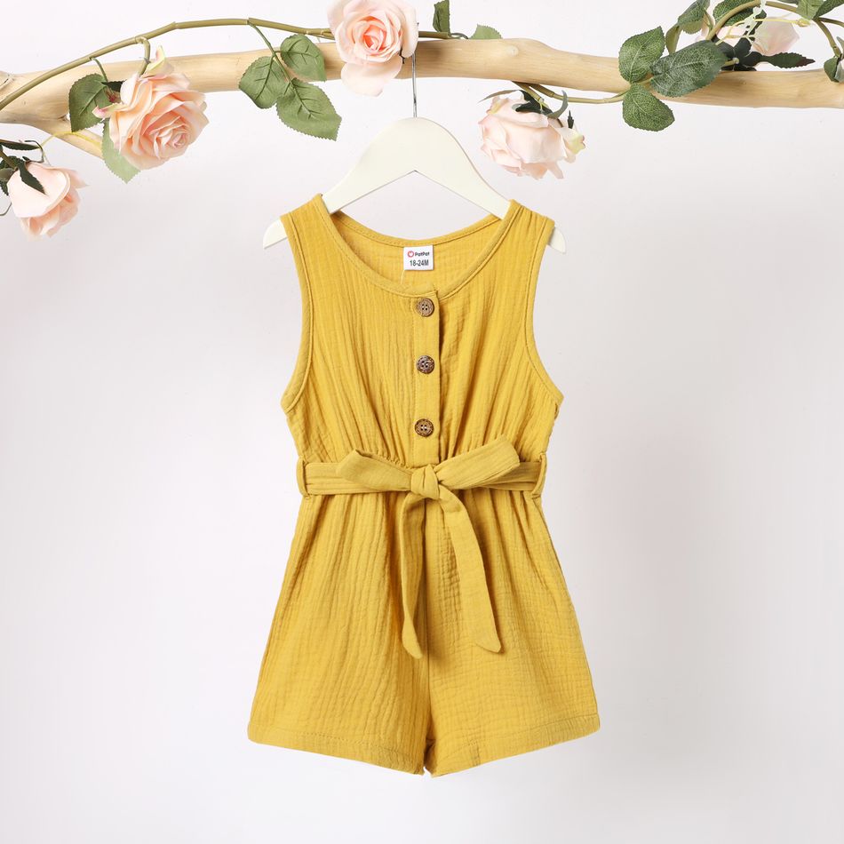 Toddler Girl 100% Cotton Solid Color Button Design Sleeveless Belted Romper Jumpsuit Shorts Ginger-2 big image 1