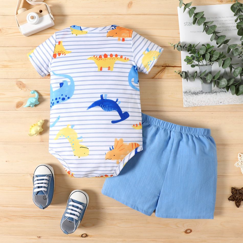2pcs Baby Boy 100% Cotton Shorts and Cartoon Dinosaur Print Short-sleeve Romper Set Color block big image 2