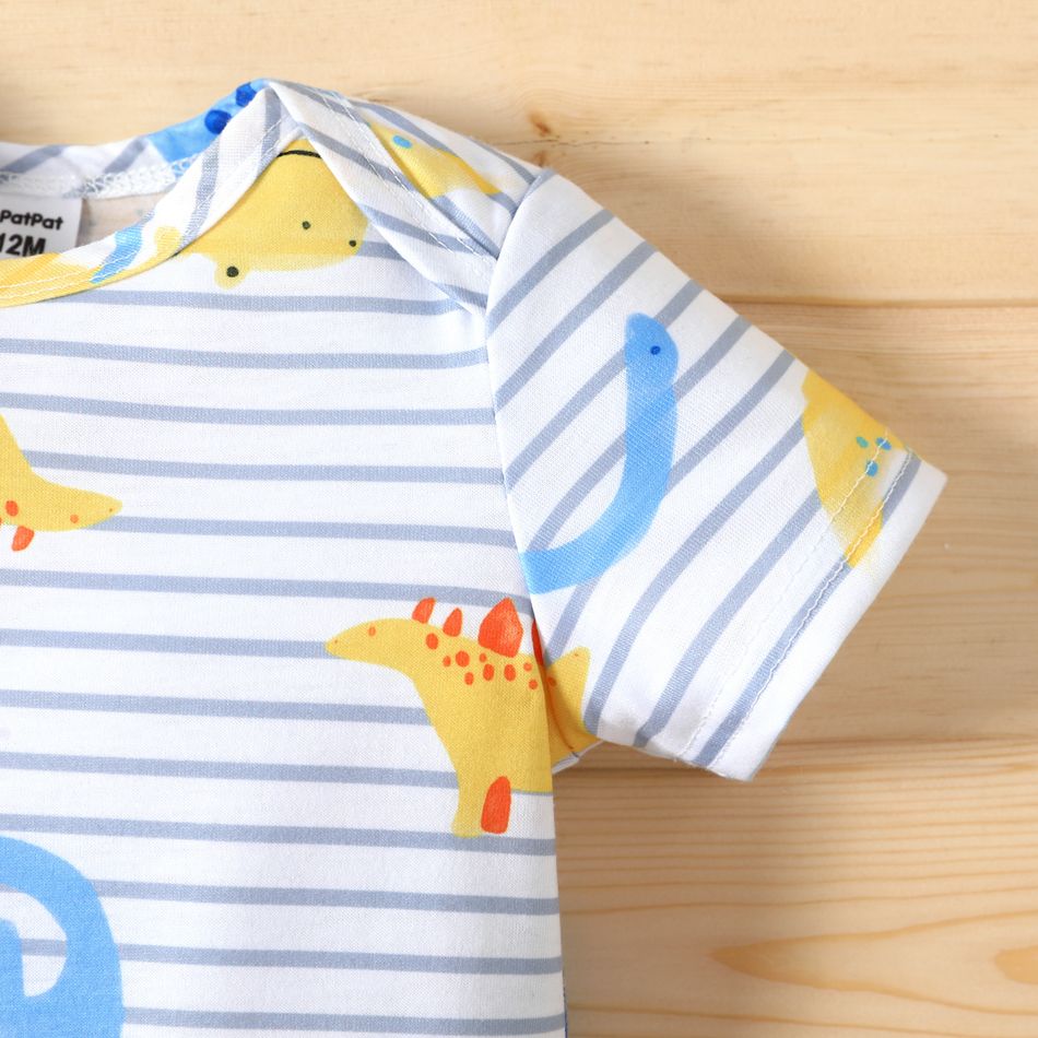 2pcs Baby Boy 100% Cotton Shorts and Cartoon Dinosaur Print Short-sleeve Romper Set Color block big image 3