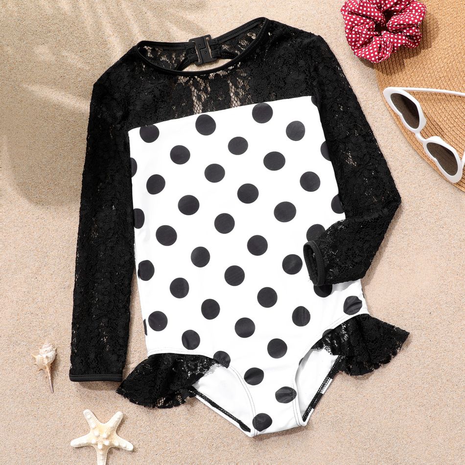 Kid Girl Lace Design Polka dots Backless Long-sleeve Onepiece Swimsuit Black