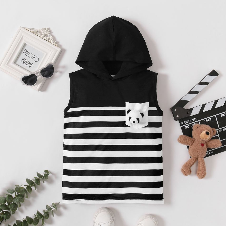 Kid Boy Casual Panda Decor Stripe Hooded Sleeveless Tee Black