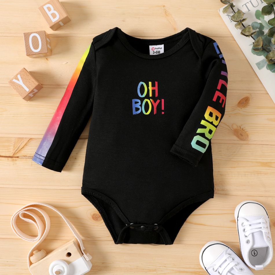 Baby Boy Rainbow Letter Print Long-sleeve Romper Black