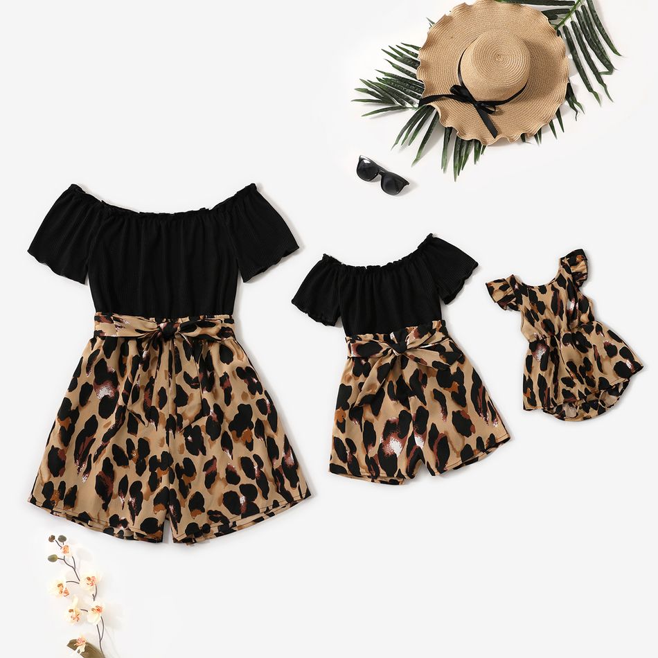 Black Off Shoulder Short-sleeve Splicing Leopard Belted Romper for Mom and Me Black