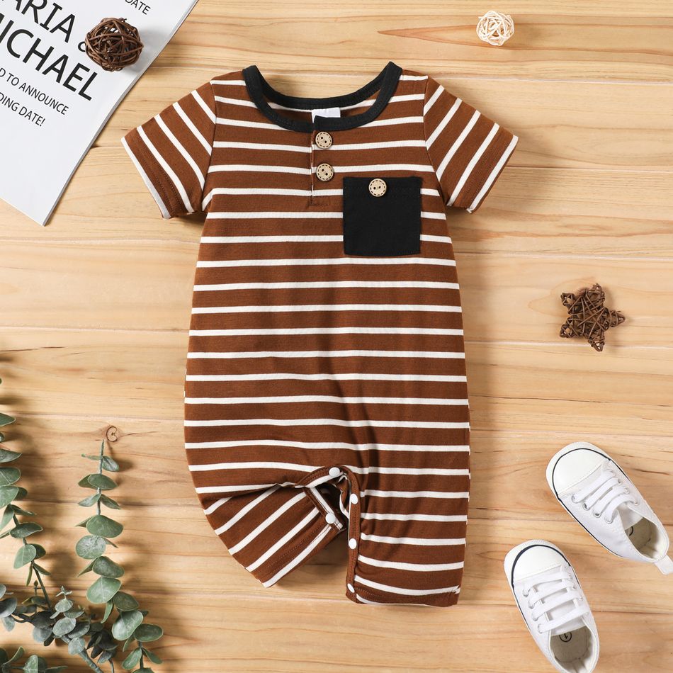 Baby Boy Striped Button Up Short-sleeve Jumpsuit Coffee
