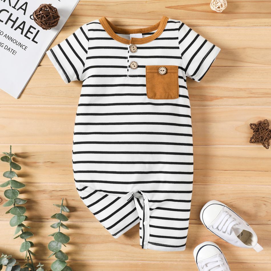 Baby Boy Striped Button Up Short-sleeve Jumpsuit White big image 1