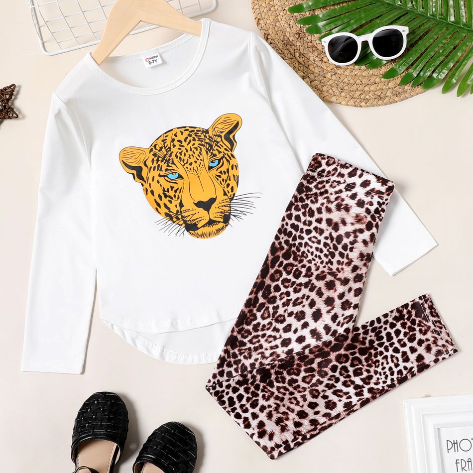 2-piece Kid Girl Animal Leopard Print High Low Long-sleeve Tee and Elasticized Pants Set Brown