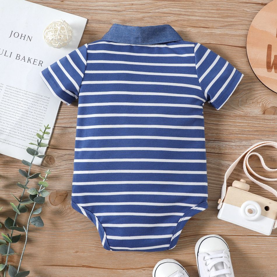 Baby Boy White/Blue Striped Contrast Collar Short-sleeve Romper Blue big image 3