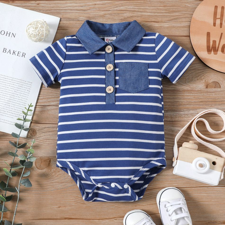 Baby Boy White/Blue Striped Contrast Collar Short-sleeve Romper Blue big image 1
