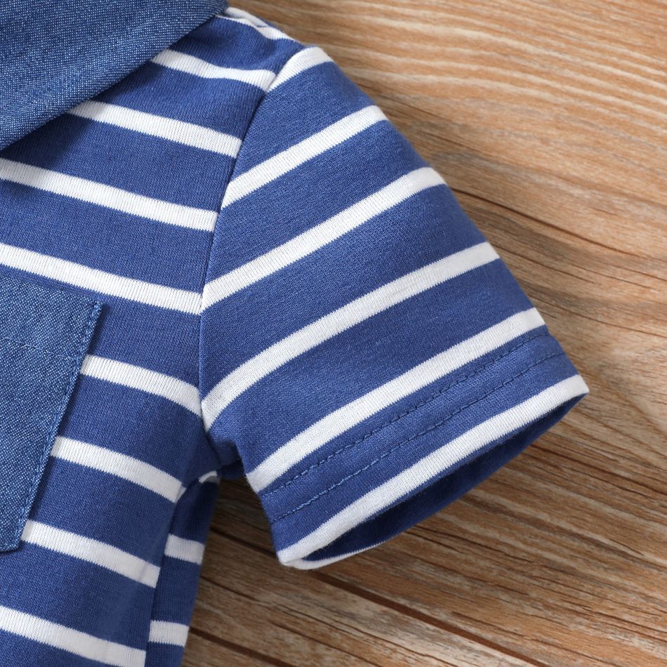 Baby Boy White/Blue Striped Contrast Collar Short-sleeve Romper Blue big image 5