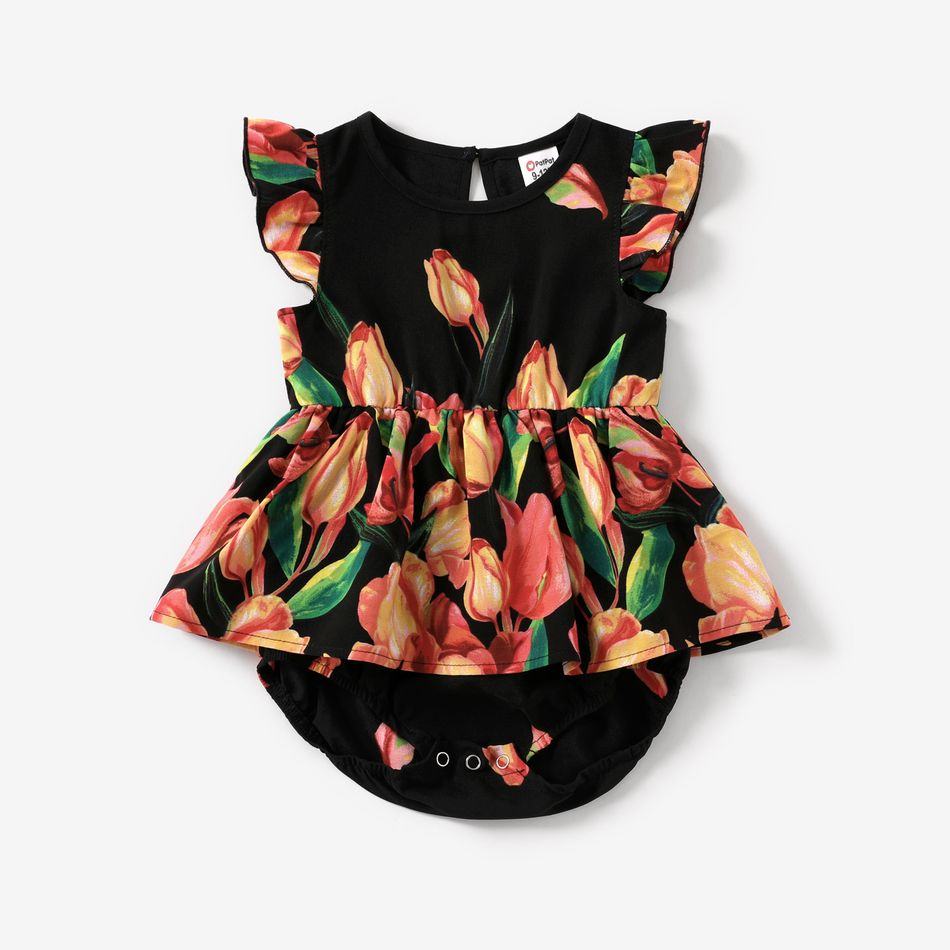 Family Matching Tulip Floral Print Black Halter Neck Off Shoulder Sleeveless Dresses and Short-sleeve Cotton T-shirts Sets Black big image 8