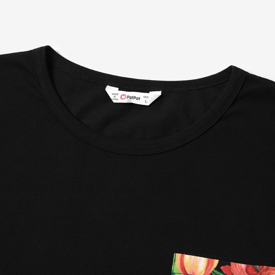 Family Matching Tulip Floral Print Black Halter Neck Off Shoulder Sleeveless Dresses and Short-sleeve Cotton T-shirts Sets Black big image 13