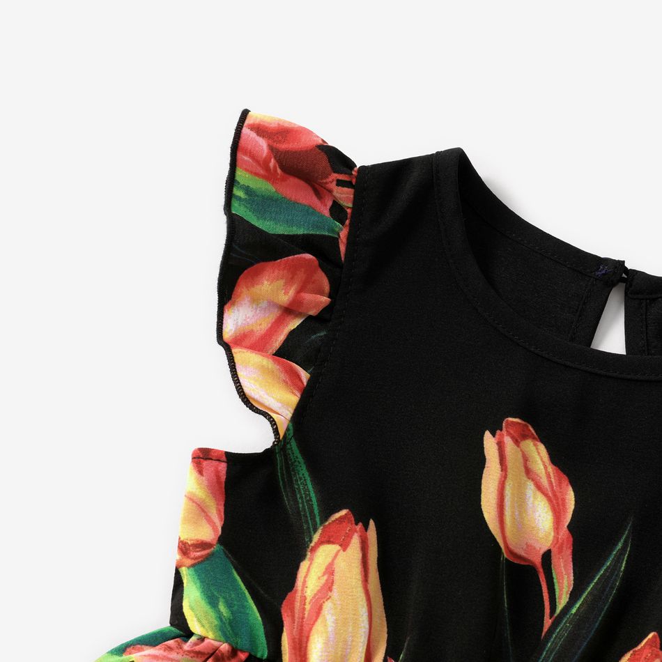 Family Matching Tulip Floral Print Black Halter Neck Off Shoulder Sleeveless Dresses and Short-sleeve Cotton T-shirts Sets Black big image 9