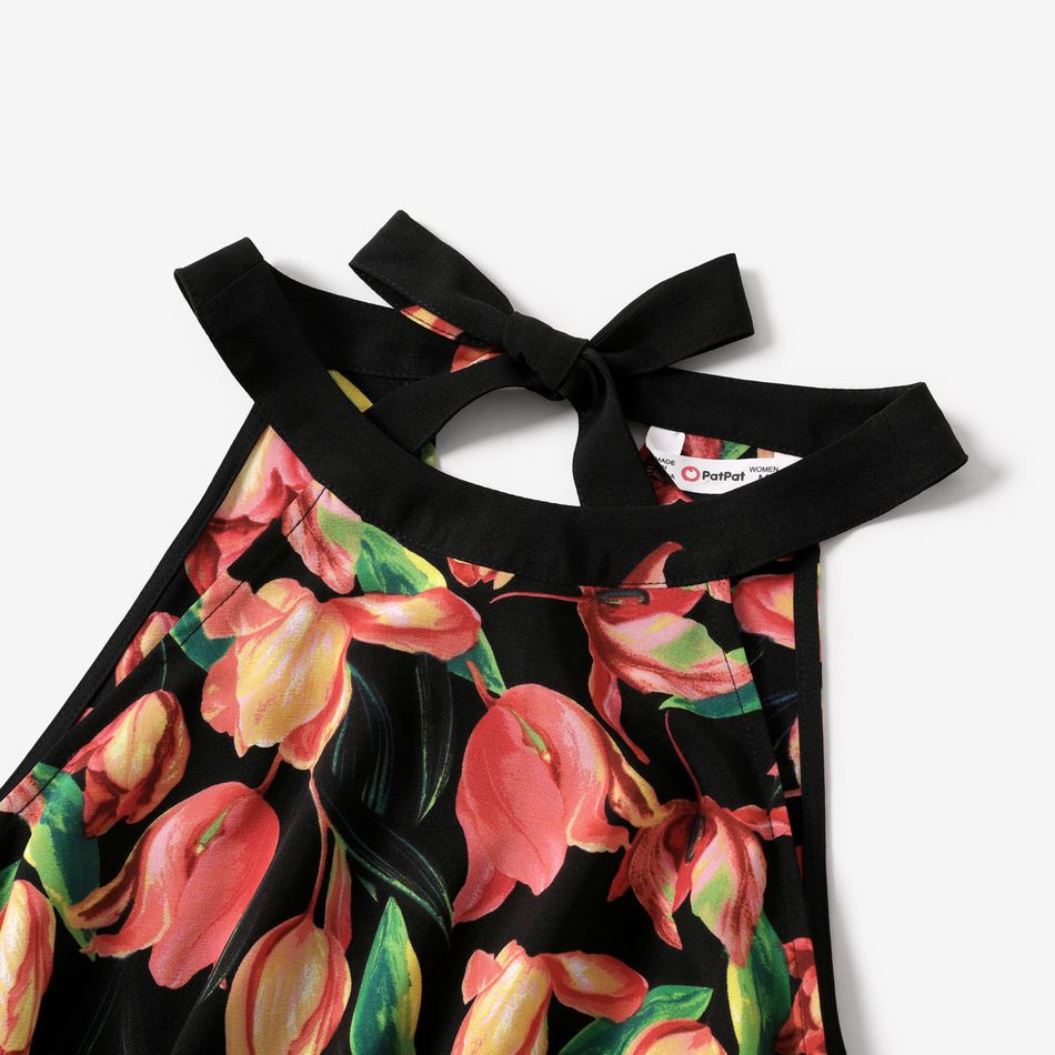 Family Matching Tulip Floral Print Black Halter Neck Off Shoulder Sleeveless Dresses and Short-sleeve Cotton T-shirts Sets Black big image 3
