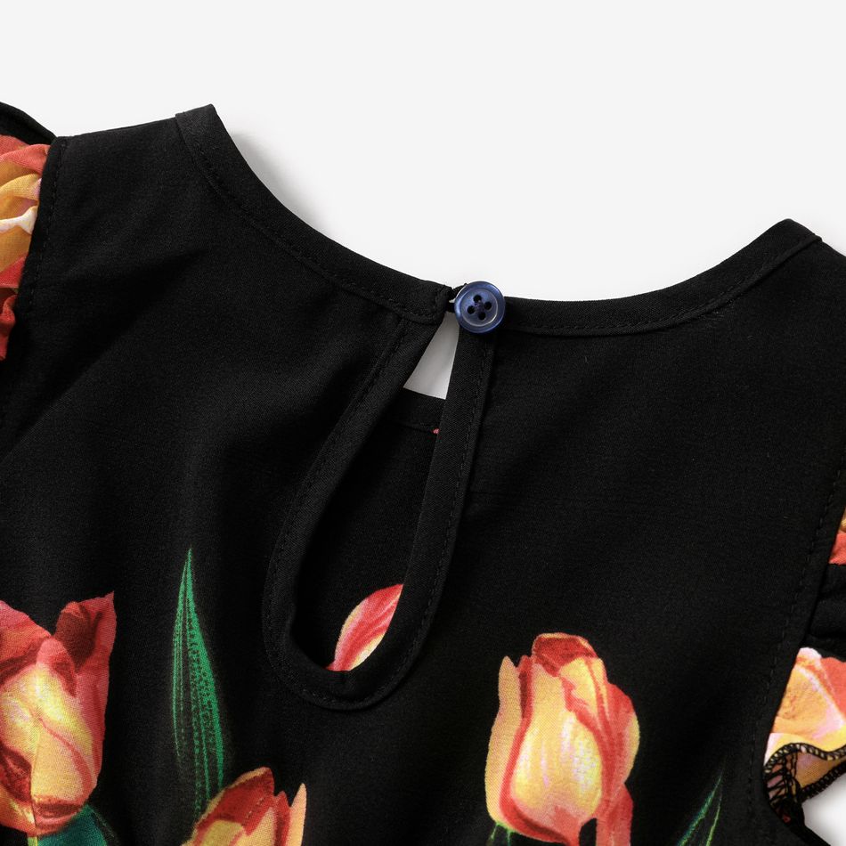 Family Matching Tulip Floral Print Black Halter Neck Off Shoulder Sleeveless Dresses and Short-sleeve Cotton T-shirts Sets Black big image 11