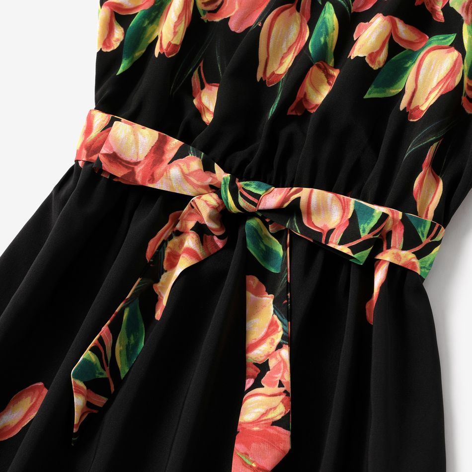 Family Matching Tulip Floral Print Black Halter Neck Off Shoulder Sleeveless Dresses and Short-sleeve Cotton T-shirts Sets Black big image 4