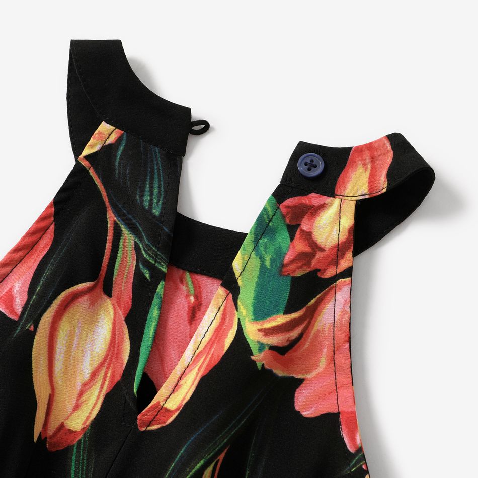 Family Matching Tulip Floral Print Black Halter Neck Off Shoulder Sleeveless Dresses and Short-sleeve Cotton T-shirts Sets Black big image 7