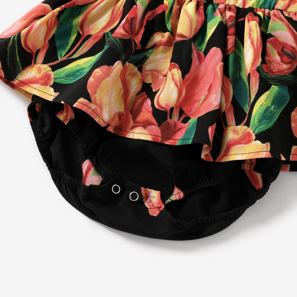 Family Matching Tulip Floral Print Black Halter Neck Off Shoulder Sleeveless Dresses and Short-sleeve Cotton T-shirts Sets Black big image 10