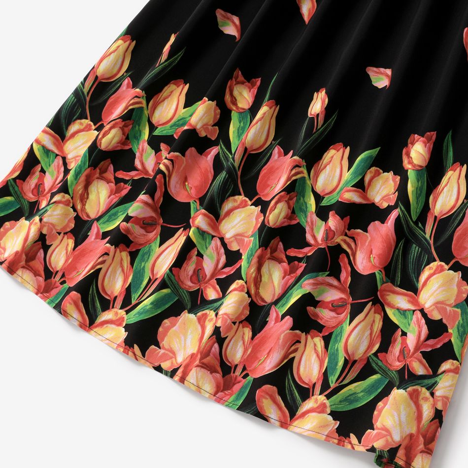 Family Matching Tulip Floral Print Black Halter Neck Off Shoulder Sleeveless Dresses and Short-sleeve Cotton T-shirts Sets Black big image 5